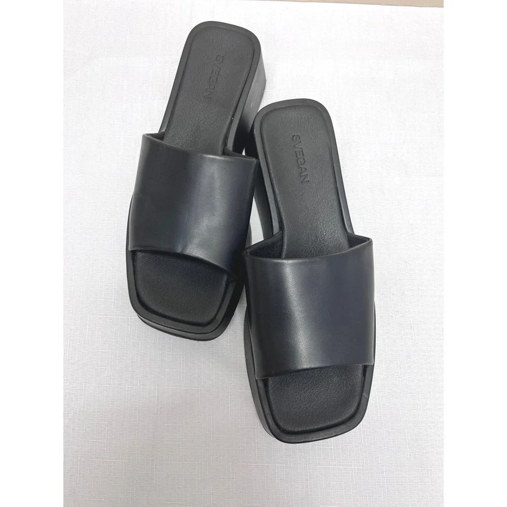 SVEGAN Platform Slide Sandals Women Size 42 Black Excellent Vegan Square‎ Toe